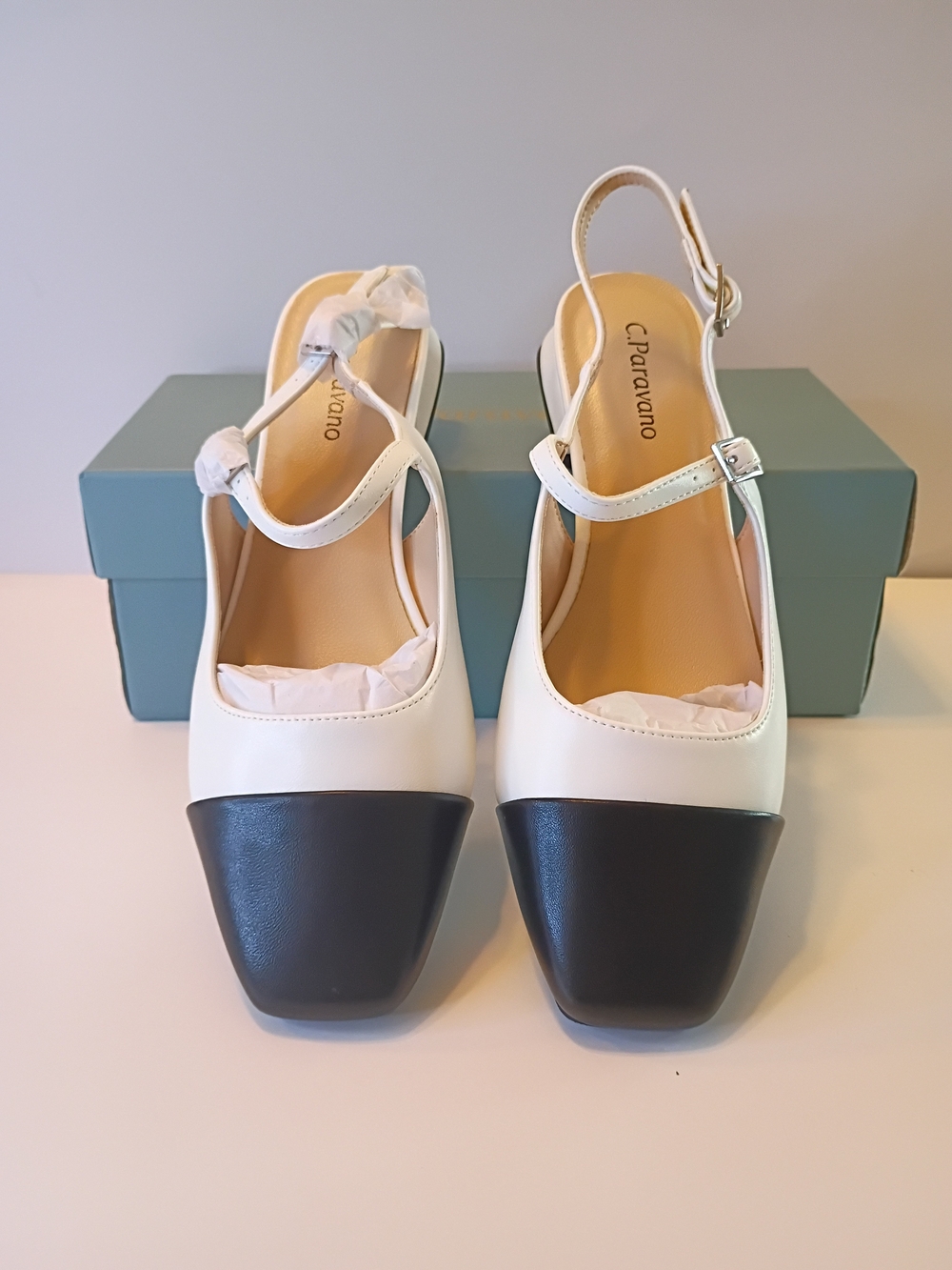 C. Paravano Two-Tone White and Black Mary Jane Slingback Heels
